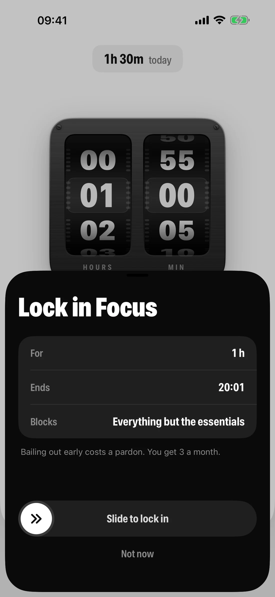Lock in Focus: for 1 hour, blocks everything but the essentials, slide to lock in