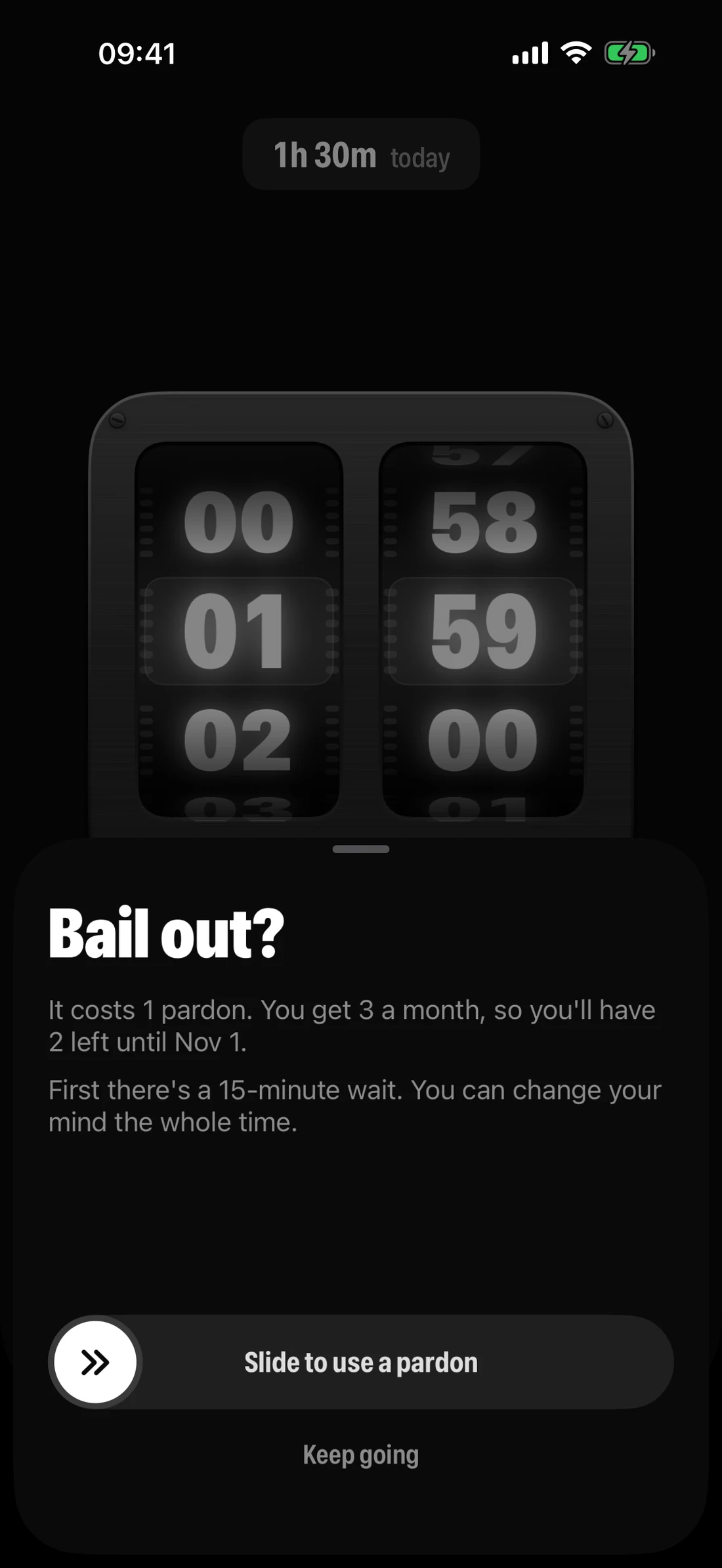 Bail out? It costs 1 pardon and starts a 15-minute wait